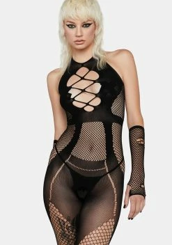 X_Pink Lipstick Off The Rails Fishnet Bodystocking