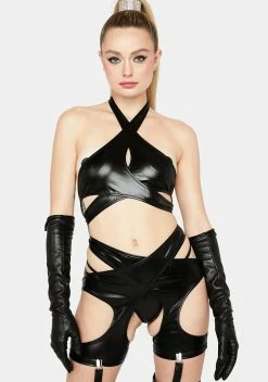 Tru Demurr Criss Cross Vegan Leather Lingerie Set