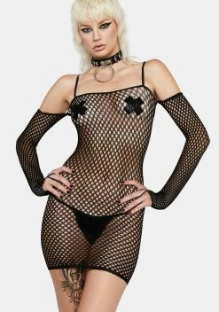 X_Pink Lipstick Bad Intentions Fishnet Mini Dress