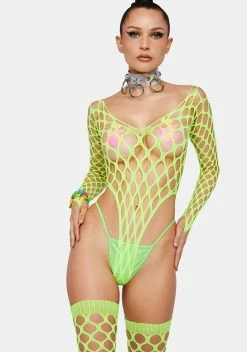 X_Be Wicked Neon So Alluring Fishnet Bodysuit & Stockings Set