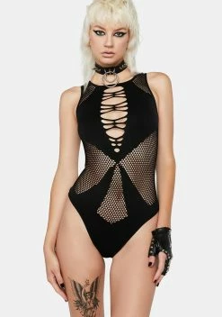 X_Pink Lipstick Razor's Edge Fishnet Bodysuit