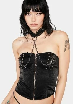 Eva Lady Studded Corset With Attached Chain Choker & G-String Set