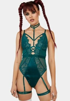 Playful Promises WW X Sammi Forest Green Satin & Lace Wired Harness Bodysuit